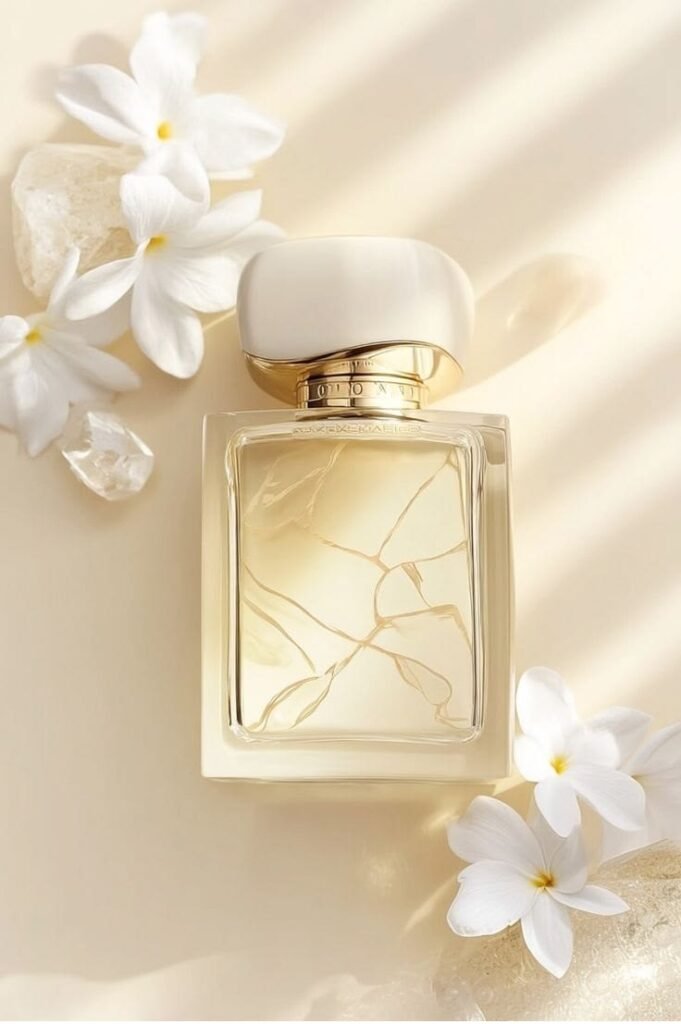 luxury minimalist perfume bottle with white florals aesthetic