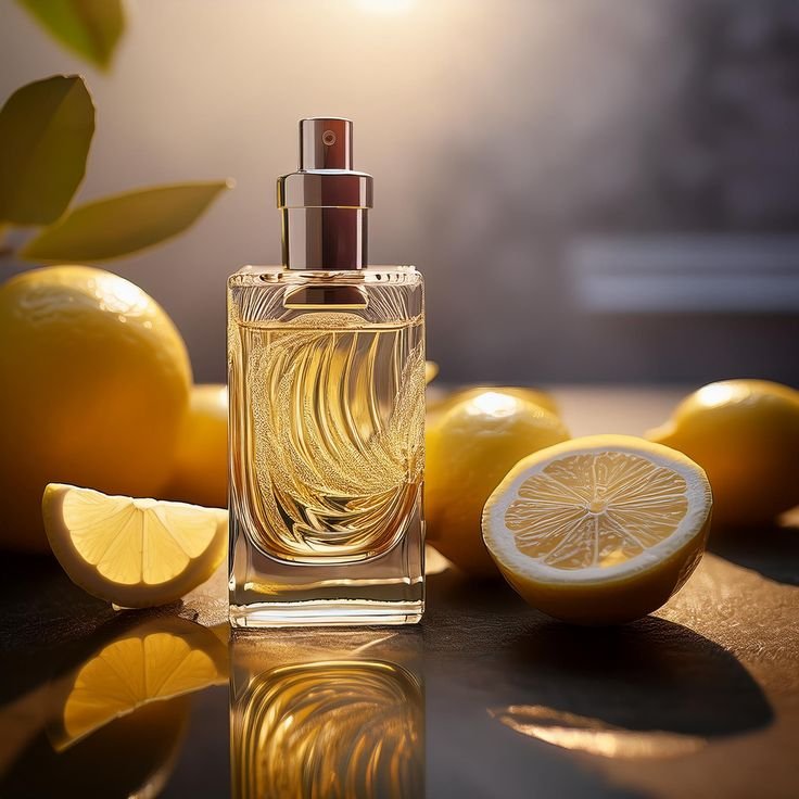 perfume bottle with lemon slices beside it