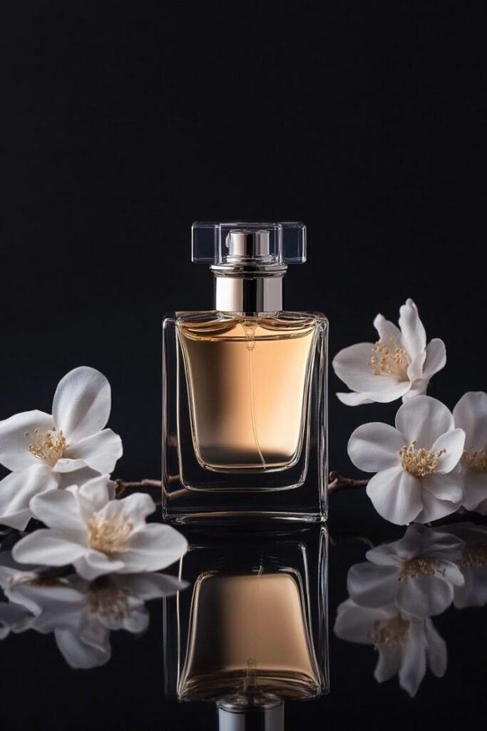 luxurious perfume bottle with white flowers on black background perfume product photography